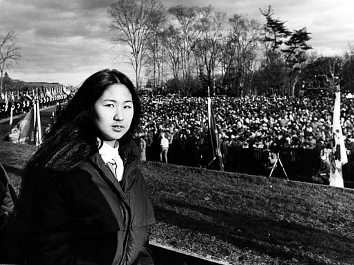 Maya Lin at the Vietnam Veterans Memorial dedication on November 13, 1982. Photo: Harry Naltchayan for the Washington Post, with permission.