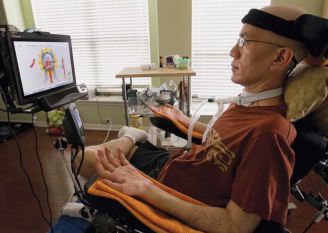 Francis Tsai, an author and conceptual artist, used his eyes to communicate and draw through his computer using specialized software. His friends in the art and tech community helped equip him with eye — tracking technology and a tablet that allowed him to continue to do his visual art by moving his eyes. Photos of Tsai and Linda by Ralph Barrera, Austin American-Statesman. Image via medium.com