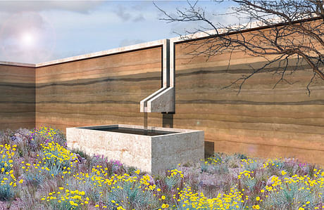 rammed earth (version1) garden wall with concrete cap and integrated fountain.