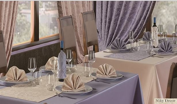 Arrangement of the restaurant with tablecloths made of damask satin