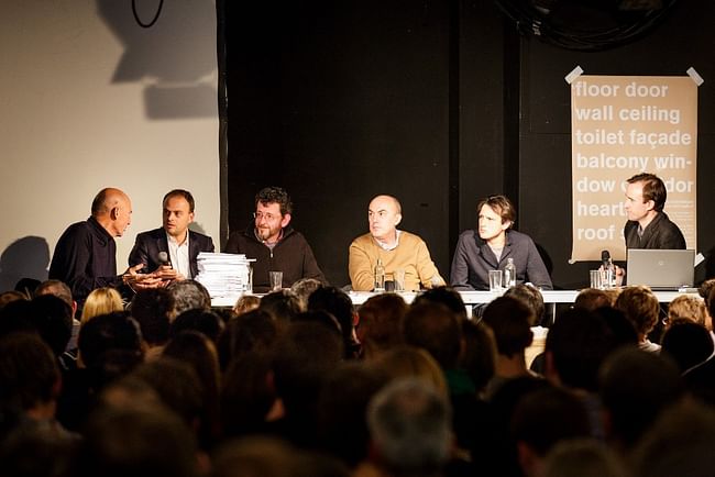 Rem Koolhaas, and Stephan Trüby (the project teachers), Manfredo di Robilant, Sebastian Marot, Antoine Picon (functioning as external critics) and the debate was moderated by Tom Avermate. Photo by Fred Ernst.