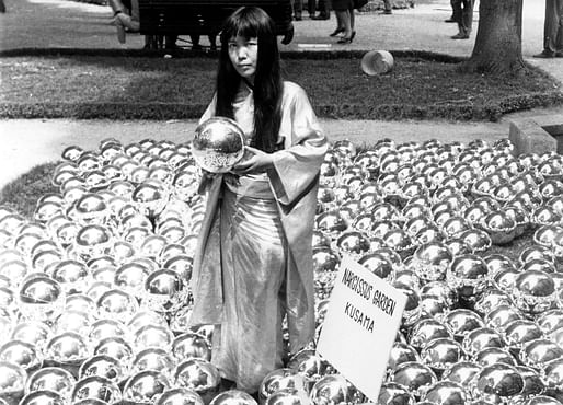 Yayoi Kusama with Narcissus Garden (1966) installed in Venice Biennale, Italy, 1966 ©YAYOI KUSAMA. Courtesy David Zwirner, New York; Ota Fine Arts, Tokyo/Singapore/Shanghai; Victoria Miro, London/Venice.