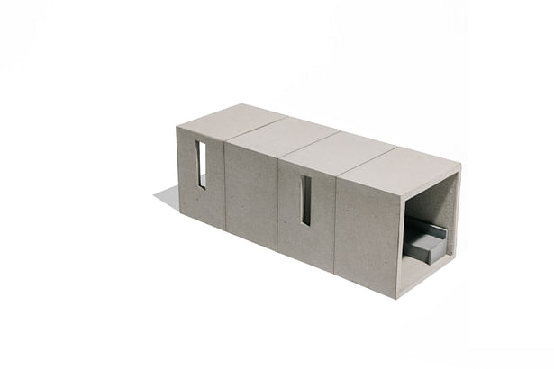 THE BASIC PILOT PLAN UNIT IS COMPOSED OF 4 BOXES, ONE FOR EACH SPACE: LIVING ROOM, KITCHEN, BATHROOM AND BEDROOM. EACH BOX (10’ WIDE X 8’ DEEP X 10’ HIGH CEILING) INTERLOCKS WITH THE NEXT CREATING A LONG AND NARROW UNIT. SCALE 1/4 = 1´-0'