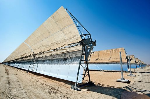 View of the Shams One 100MW CSP plant in Abu Dhabi. Image courtesy of Flickr user Masdar Official. 