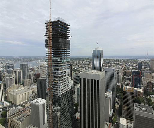 Construction cam view of the now topped-out Rainier Square Tower on August 23rd. Image courtesy of Wright Runstad & Company.