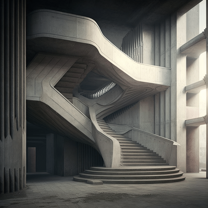 An image generated with Midjourney using the prompt “an architectural rendering of a staircase inside a brutalist style museum building,” April 16, 2023. Image credit: Amanda Wasielewski