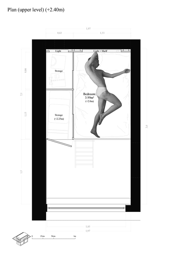 Plan upper level: we see two of the four spaces of the Cabanon: kitchen / living room and bedroom with its storage. Guido is alone today; Boston is on tour.