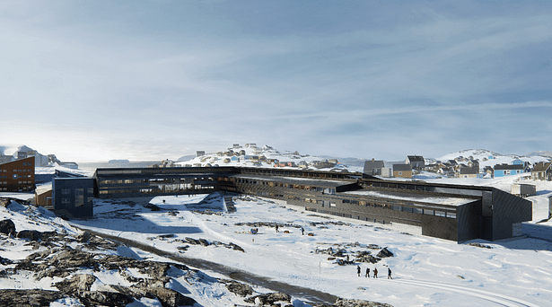 Iron and Metal School in Sisimiut by KHR Architecture.The illustration shows how the Iron and Metal School will blend beautifully into the landscape of Sisimiut. To preserve the passage through the town, a building bridge is spanned over the track where the townspeople move through the town on foot, dog sled, bicycle or snowmobile. Illustration: KHR Architecture