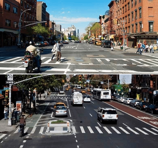 FHWA’s Dan Goodman pointed to before-and-after images from New York’s First Avenue redesign to show how protected bike lanes can improve safety. (StreetsBlog USA; Photos: David Shankbone/Wikimedia and NYC DOT)
