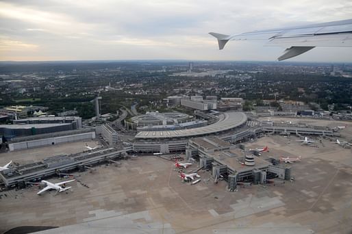 The Düsseldorf airport from above. The airport has been used to house refugees. Image via wikimedia.org