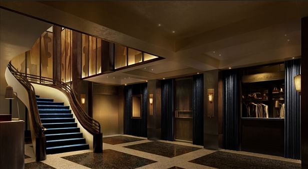 Continuous curved wooden handrail in a restaurant in New York, USA 