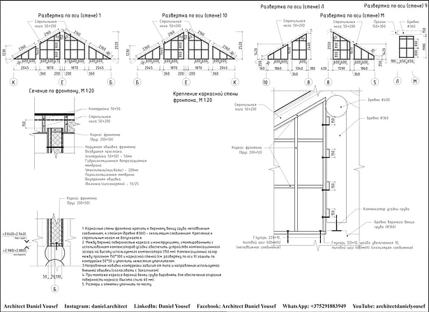 wooden construction - Unfolding of the frame walls of the pediment, cross-section and fastening of the frame wall of the pediment