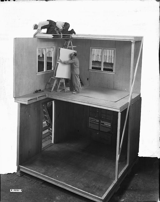 Full scale cross section showing FPL prefabricated construction to be built for the exhibition. Demonstration house, 1937. Photo © Courtesy of USDA Forest Products Lab. 