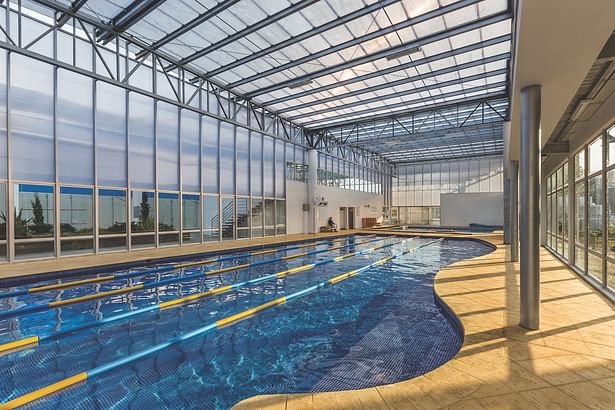 Swimming pool shows the quality of light achieved by the translucent glazing. A small gap at the top of the walls allows excess heat to escape in warmer weather.