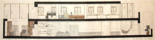 Section of a 2 floor apartment for actress Julie Delpy (owner on wheelchair). I decided to make her study completely movable between the two floors to facilitate movement for her. The entire floor and its furniture moves as an elevator would and the bookcases serve as the frame. Also created a pattern along the long corridors to bring the space together nicely. 