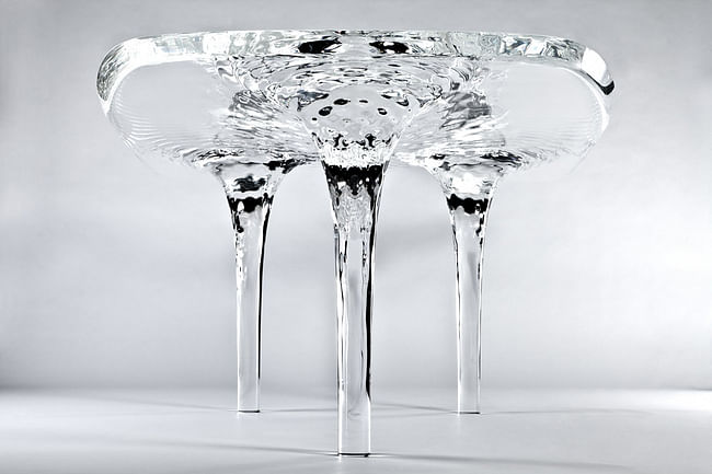 A table for the 'Liquid Glacial' line by Zaha Hadid Architects and David Gill Gallery. Image by Jacopo Spilimbergo via ZHA.