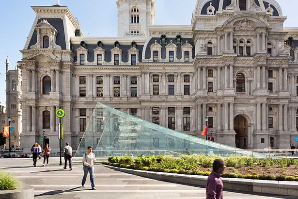 The landscape and architecture work together to enhance and frame the views of City Hall, providing a renewed sense of place and arrival. © James Ewing Photography