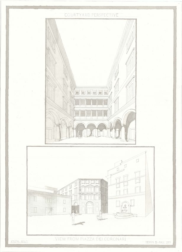 Perspective in courtyard and exterior perspective from Piazza dei Coronari