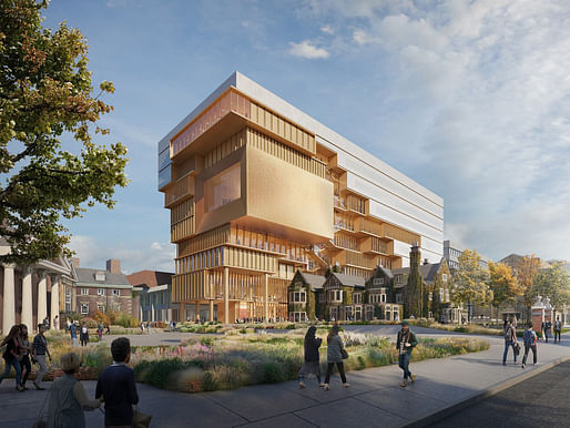 Rendering of DS+R's new 90 Queen's Park building snuggling up from behind on the historic Falconer Hall. Rendering: bloomimages, image courtesy of Diller Scofidio + Renfro.