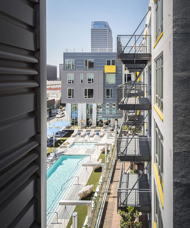 Third-floor amenities are positioned to maximize both sunlight to the pool area and city views from the deck.