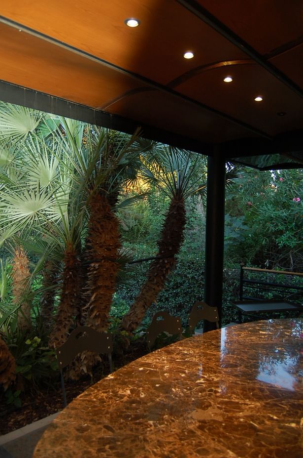 Wood ceiling above dinning area