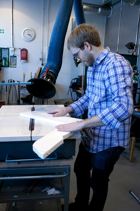 4. Alexander Morley using the wirecutter to cut sections into the 25mm foam