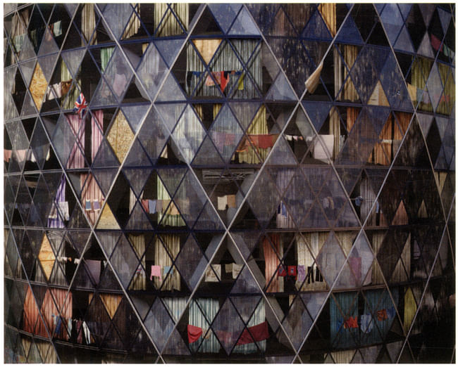 In their “Postcard from the Future” imagining 30 St Mary Axe as a ruined tenement, Robert Graves and Didier Madoc-Jones suggested that sophisticated design expertise could help London avoid negative impacts of climate change. Robert Graves and Didier Madoc-Jones. The Gherkin, 2010.