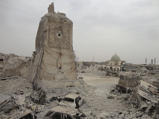 Remains of the Al-Hadba' Minaret of the Great Mosque of al-Nuri in Mosul, Iraq. Built in 1172, the historic structure was destroyed by Islamic State militants on June 2, 2017. Image via World Monuments Fund/Google.