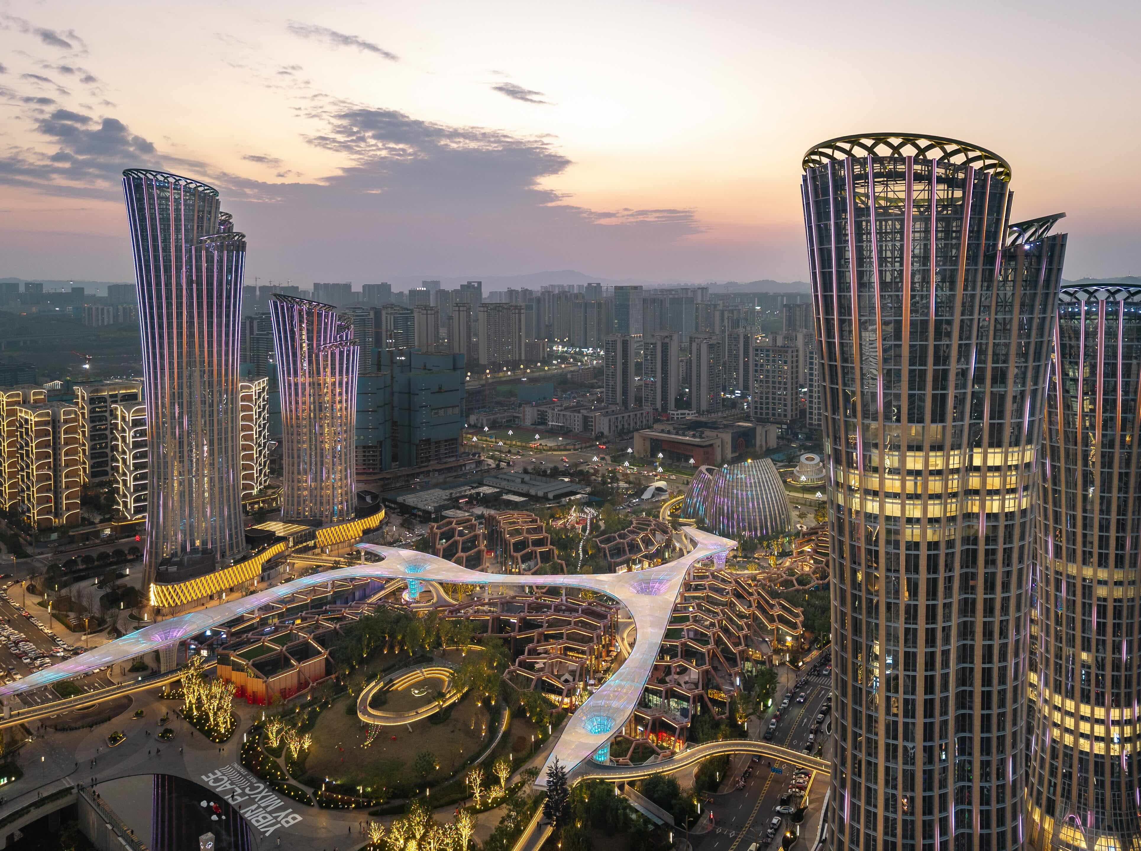 Pelli Clarke & Partners completes Sichuan master plan with 8 bamboo-inspired towers