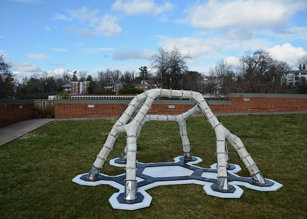 The "MycoCreate 2.0" compression-based structure measures approximately 10 feet long, 8 feed wide and 6 feet high, and is made up of 64 unique load-bearing mycelium-based components. It is a part of the Biomaterial Building Exposition on the University of Virginia campus through April 30. Credit: Dina Luo.