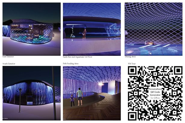 A series of renders with a QR code link to a VR render set.