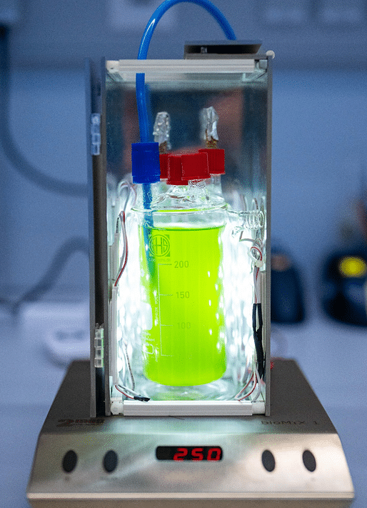 Photo of a bioreactor from Fraunhofer FEP at lab-scale to culture cyanobacteria under defined light, temperature, and gas conditions. Image: © Fraunhofer FEP