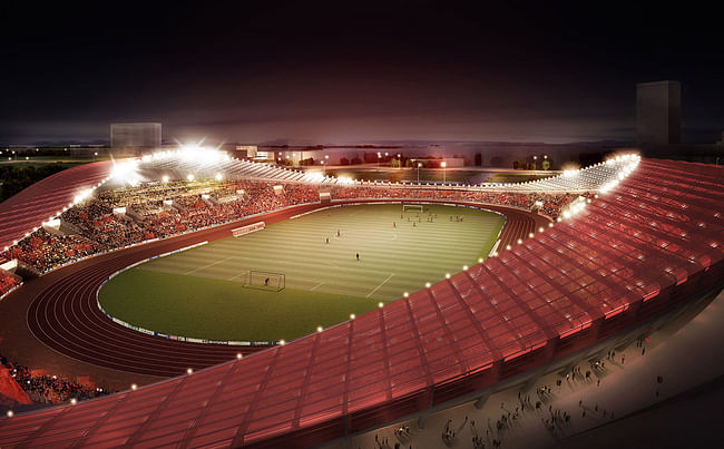 Night view of the main stadium in the XL diamond cell (Image: Henn Architekten)