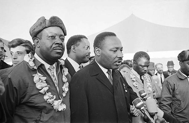 Ralph Abernathy and Martin Luther King, Jr during the Selma to Montgomery March. (Hosea Williams is standing behind them, and John Lewis is to the right). // Image by Spider Martin for the Birmingham News, courtesy of Alabama Department of Archives and History.