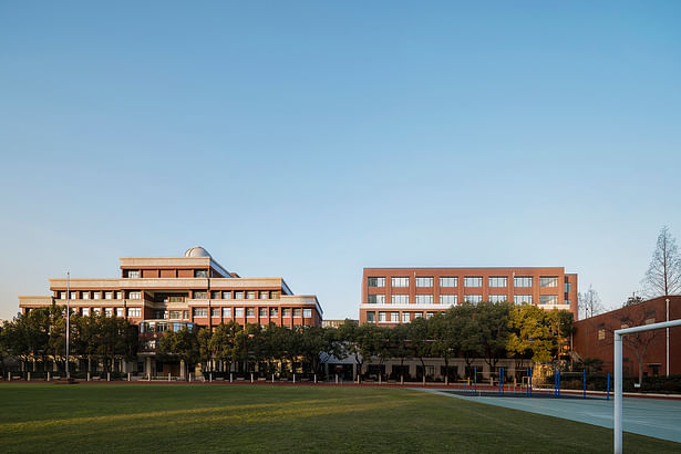 A corner of the campus, Boxue Building (right) and Danhua Building (left) in the sunset.