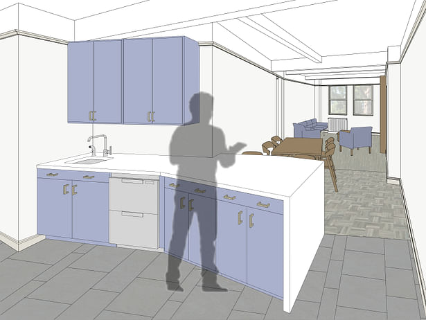 Presentation Perspective - Looking South (Kitchen, Dining, and Living Areas).
