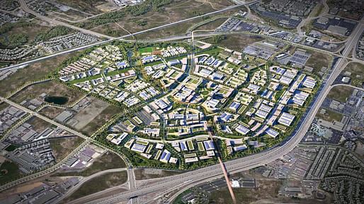 Pictured: Aerial rendering of the planned '15-minute' community <a href="https://archinect.com/news/tag/1960948/the-point">The Point</a> in Utah. Image courtesy of the Mountain State Land Authority.