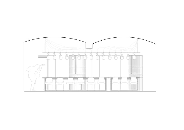 Longitudinal section Lounge with the long linear lamp Formafatal