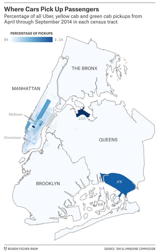 A map showing where all users, yellow cabs and green cabs pickup passengers the most frequently. Credit: Reuben Fischer-Baum for Five Thirty Eight