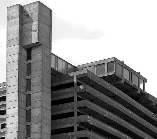 The Trinity Centre Car Park in Gateshead, England was designed in 1962 by the Owen Luder Partnership and appeared in the 1971 film <em>Get Carter</em>. The building was demolished in 2007. Image courtesy Wikimedia Commons user Rodge500. 