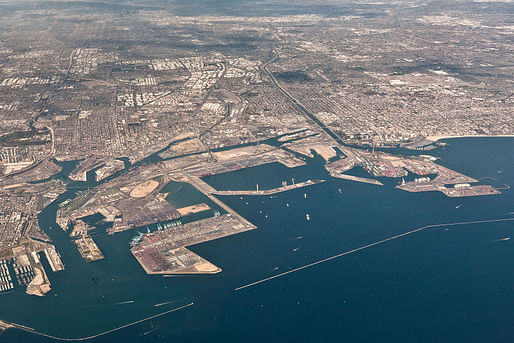 Aerial view of Ports of Los Angeles (left) and Long Beach (right).