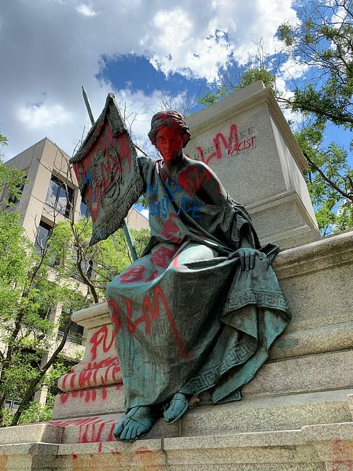 Vandalism to the Statue of Albert Pike following the George Floyd protests. (<a href="https://commons.wikimedia.org/wiki/File:Albert_Pike_Memorial_vandalism_9.jpg">Creative Commons</a>)