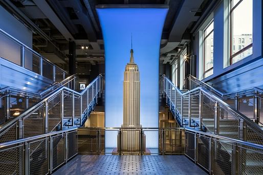 The 2-story-tall model of the Empire State Building inside its new observatory deck visitor center on 34th Street. Photo: Evan Joseph, via New York Yimby.