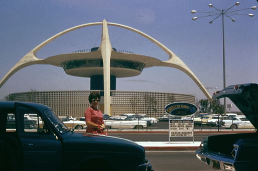 The Theme Building at Los Angeles International Airport as it appeared shortly after completion in 1962. Image courtesy Wikimedia Commons user Robert J. Boser.