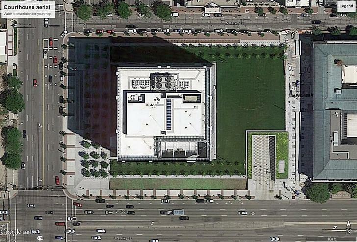 Aerial view of the courthouse block and surrounding area. Image from Google Earth.