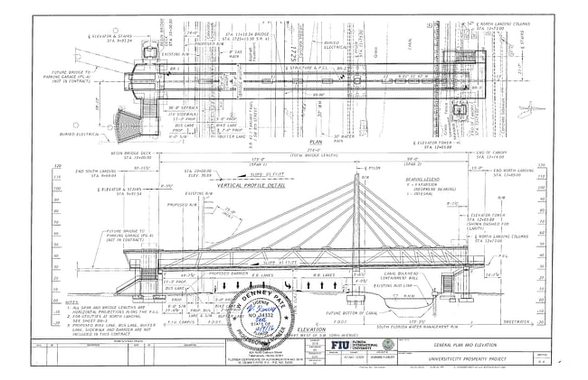 NTSB’s Investigator in Charge, Robert Accetta, used this elevation of the pedestrian bridge at FIU to explain its structure to reporters during the NTSB’s media briefing Friday 3/16. The NTSB is investigating the March 15 collapse of the bridge. Image courtesy NTSB.