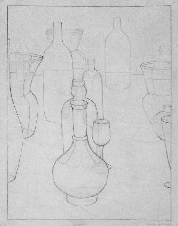 Glass Bottles Line Art Study Pencil Drawing Size: 18in x 24in