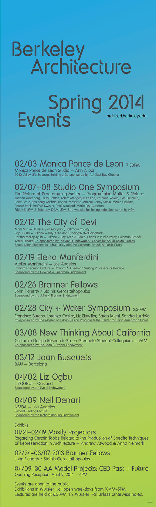 UC Berkeley College of Environmental Design, Spring '14 Lecture Events. Image courtesy of UC Berkeley CED.