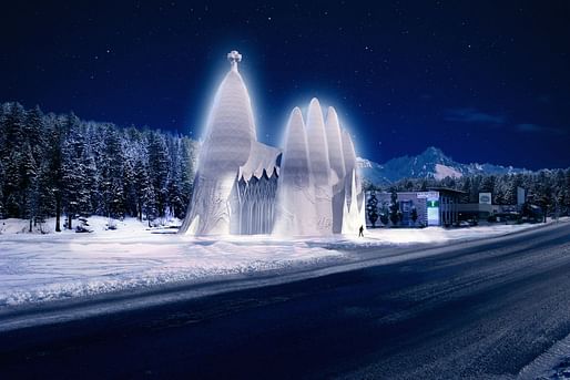 A rendering of the Sagrada Familia in Ice at night; via qz.com