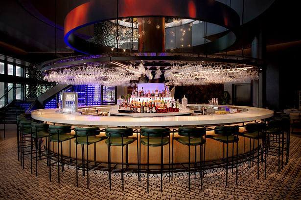 An eye-catching circular bar that’s 25 feet in diameter sits in the center of the venue, with a Vegas-worthy lighting feature above.